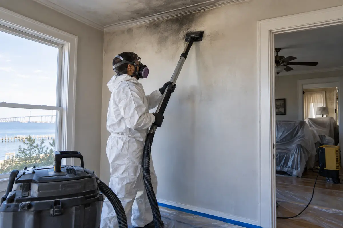 Restoration technician cleaning smoke and soot damage from an interior wall