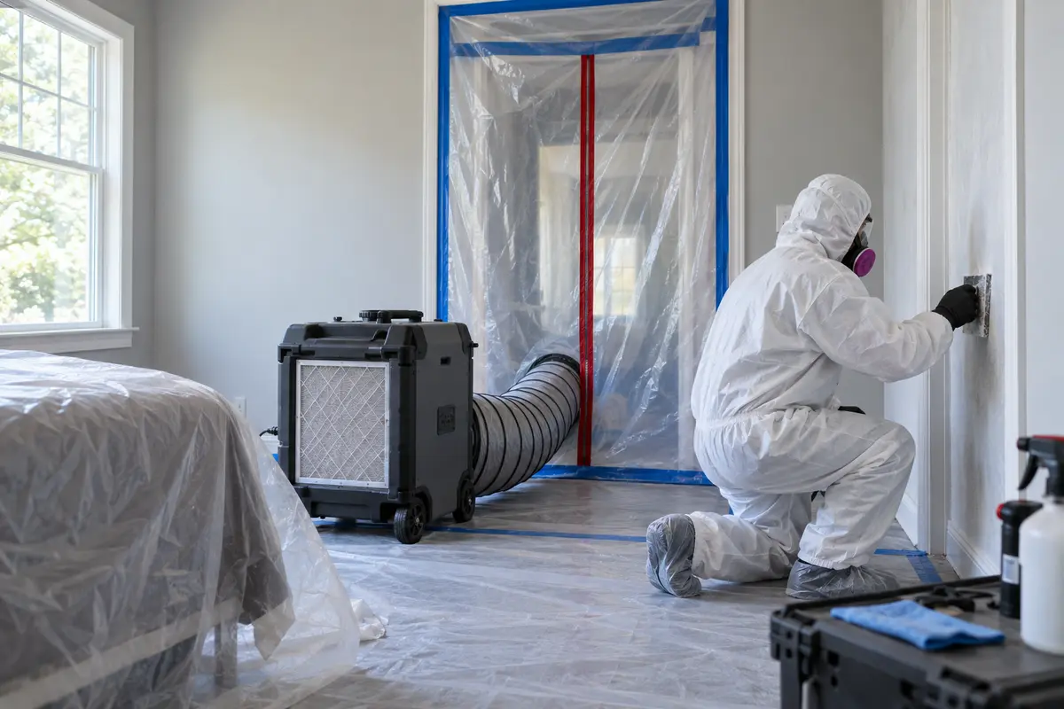 Mold remediation containment with negative-air filtration and protected technician