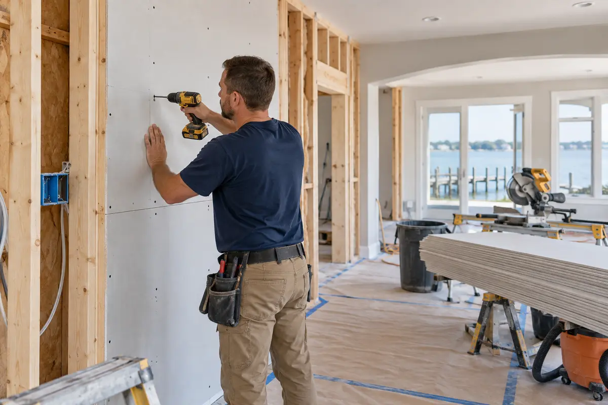 Contractor installing drywall during residential property reconstruction