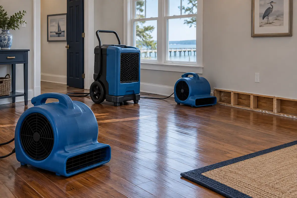 Professional air movers and dehumidifier drying a water-damaged hardwood floor